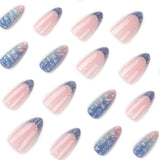 Qfdian  24pcs Aurora Pink Blue Fake Nail Tips 3D Seashells Pattern French Style Almond False Nails Women Girls Romantic Press On Nail