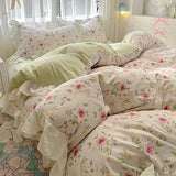 Qfdian  Floral print Korean style Princess Lace Bedding Set Duvet Cover Set Washed Cotton Flat Sheet set Queen For Girl Decor Home