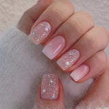 Qfdian  24Pcs Short Square Coffin False Nails Square Fake Nails with Glue French Glitter Wearable Acrylic Nails Set Press on Nail Tips