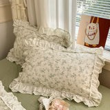 Qfdian Princess Style Lace Ruffles 100% Cotton Bedding Set Floral Pastoral Style Duvet Cover Flat/Fitted Bed Sheet Pillowcases 3/4Pcs