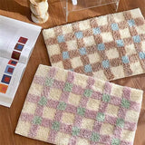 Qfdian Ins Style Checkerboard Flocking Bedside Carpet Bedroom Living Room Decorative Floor Mat Bathroom Absorbent Non-Slip Foot Mat