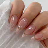 Qfdian 24Pcs Simple French Nails Art Tips Fake Nails 3D Design Wearable Full Cover False Nail Mid-length Almond Reusable Press on Nails