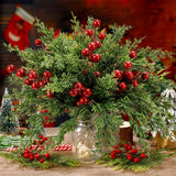 Qfdian  15pcs Artificial Pine Branches with Red Berry Stems Faux Christmas Greenery Pine Cypress DIY Craft Garland Home Christmas Decor