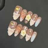 Qfdian  10pcs Handmade Press on Nails Ocean Starfish Shell Design Fake Nail Tips Wearable Reusable 3D Flower French Almond  False Nails