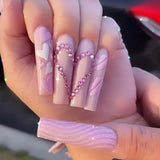 Qfdian 24Pcs Extra Long Square Fake Nail with Glue 3D Little Bear Bow Design False Nails White French Press on Nails Wearable Manicure