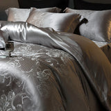 Qfdian 4Pcs Champagne Silk Damask Jacquard Egyptian Cotton Patchwork Luxury Bedding Set Duvet Cover Flat/Fitted Bed Sheet Pillowcases