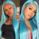 Qfdian Blue Wig Long Straight Synthetic Lace Front Wig Glueless Ready to Wear Cosplay Party Light Blue Hair Lace Frontal Wigs for Women