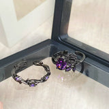 Qfdian Gothic Y2K Purple Crystal Flower Irregular Open Ring For Women Girl Aesthetic Vintage Halloween Grunge EMO Accessories Jewelry