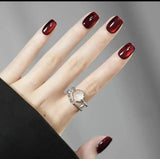 Qfdian 24Pcs Solid Color Wine Red Design False Nails Short Square Head Fake Nail Art Tips Simple Finished Manicure Tips Press on Nails