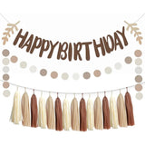 Qfdian  Brown Neutral Happy Birthday Banners with Green Leaf  Decorations Beige Boho Paper Tassels Circle Garland  Hanging Streamers