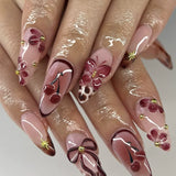 Qfdian  24Pcs Mid-length 3D Flowers Design Fingertips Sweet Butterfly Yellow Ripple Almond False Nails Detachable Full Cover Press Ons