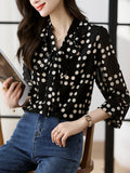 Qfdian  Spring Autumn Polka Dot Chiffon Shirts Women Bowtie Long Sleeve Black Blouse Elegant Office Ladies Causal Women Outfits
