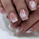 Qfdian 24Pcs Simple Fake Nail with Broken Diamond Short Square Press on False Nails Gradient White Wearable Ballet Full Cover Nail Tip