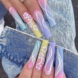 Qfdian 24Pcs Long Ballet False Nails with Bow Designs Pink Coffin Press on Nails Wearable French Fake Nail Full Cover Manicure Tips