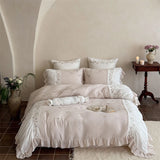 Qfdian  Flowers Embroidery Pleated Ruffles Bedding Set Double Layer Crepe Yarn 100% Cotton Duvet Cover Flat Sheet Pillowcase 4Pcs