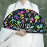 Qfdian  In The Dark Mushroom Folding Fan  Vibrant Neon Psychedelic Design Handheld PP Material for Parties Raves Halloween