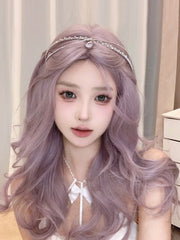 Qfdian 24Inch Grey Purple Color Synthetic Wigs Middle Part Medium Natural Wavy Hair For Women Daily Use Cosplay Party Heat Resistant