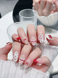Qfdian Handmade Press on Nails Red Dot Bow Design Sweet Girl Fake Nails Detachable Wearable Short Round French False Nails for Girls