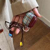 Qfdian Korea Fashion Brown Plaid Splicing Pattern Retro Neck Lanyard Shockproof Protection Case For AirPods 4 3 2 1 Pro 2 Earphone Case