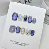 Qfdian  10Pcs Glamorous Purple Cat Eye False Nail Short Square Shape Nail Tips with Gold Foil for Women&Girls Daily Simple Nail Art Wear