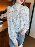 Qfdian  Floral Printed Blosue Women Office Ladies Bow Short Shirts Office Ladies Long Sleeve Elastic Waist Casual Chiffon Blouse Tops
