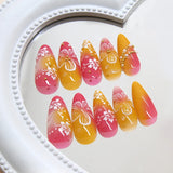 Qfdian  24pcs Gold Pink Flower Press On Nails Glossy Almond Autumn Wearable Fake Nails With Pearl Gold Ball Decor Ballet False Nail Tips