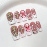 Qfdian  10Pcs Pink Coffin Handmade Press On Nails Moon Stars False Nails Sweet Bow Diamond Design Full Cover Ballet Fake Nails Press On