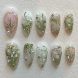 Qfdian  24pcs Press on Fake Nails Set Almond Wearable Simple French Flower False Nail Art Gold Beads Design Diamond Manicure Tips