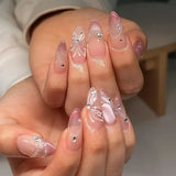 Qfdian  24Pcs Pink Almond Press-On Nails Glossy Sweety Heart Patterns False Nail Tips with Cat Eye, Mirror Disign for Women&Girls Wear