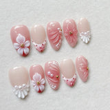 Qfdian  24pcs Pink Spring Summer Nail Art French Edge Fake Nails Sweet Pearl Star Shell False Nails 3D Flower Press on Nails Almond Nail