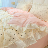 Qfdian  Korean Ruffle Polka Dot Duvet Cover Set for Girls Cute Soft Washed Cotton Bedding Set with Pillowcases Sheet Queen Size