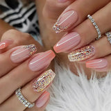 Qfdian  24Pcs Short Square Coffin False Nails Square Fake Nails with Glue French Glitter Wearable Acrylic Nails Set Press on Nail Tips