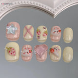 Qfdian  Handmade Fake Nails Pink Strawberry Cute Rabbit Diamond Designed Short Round Press on Nails for Women Girls Daily DIY Manicure