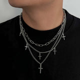 Qfdian  Punk Silver Color Cross Pendant Necklace for Women Men Gothic Hip Hop Metal Star Tassel Multi Layer Necklace Party Jewelry Gifts
