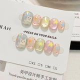 Qfdian  10pcs Colorful Star Wave Points Cat's Eye Press on Nails Cute Cat Manicure Wearable Nail for Women and Girls False Nail