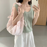 Qfdian Korean Sweet Dot Pleated Shoulder Handbags Fashion Office Lady Chic Women Hobo Bag Y2k Aesthetic Fairy All Match Crossbody Bags