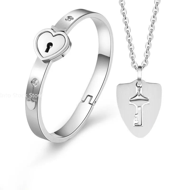 Stainless Steel Love Heart Lock Bracelets Bangles Key Pendant Necklace Couples Set Accessories  bracelets for women