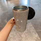 Qfdian  Luxury Rhinestone Tumbler Stainless Steel Thermal Water Bottle Insulated Coffee Mug With Handle Reusable Vacuum Thermal Cup