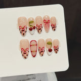Qfdian  10pcs Handmade French Almond Press on Nails 3D Cherry Flowers Design False Nails Wearable Sweet Cool Fashion Fake Nail Tips