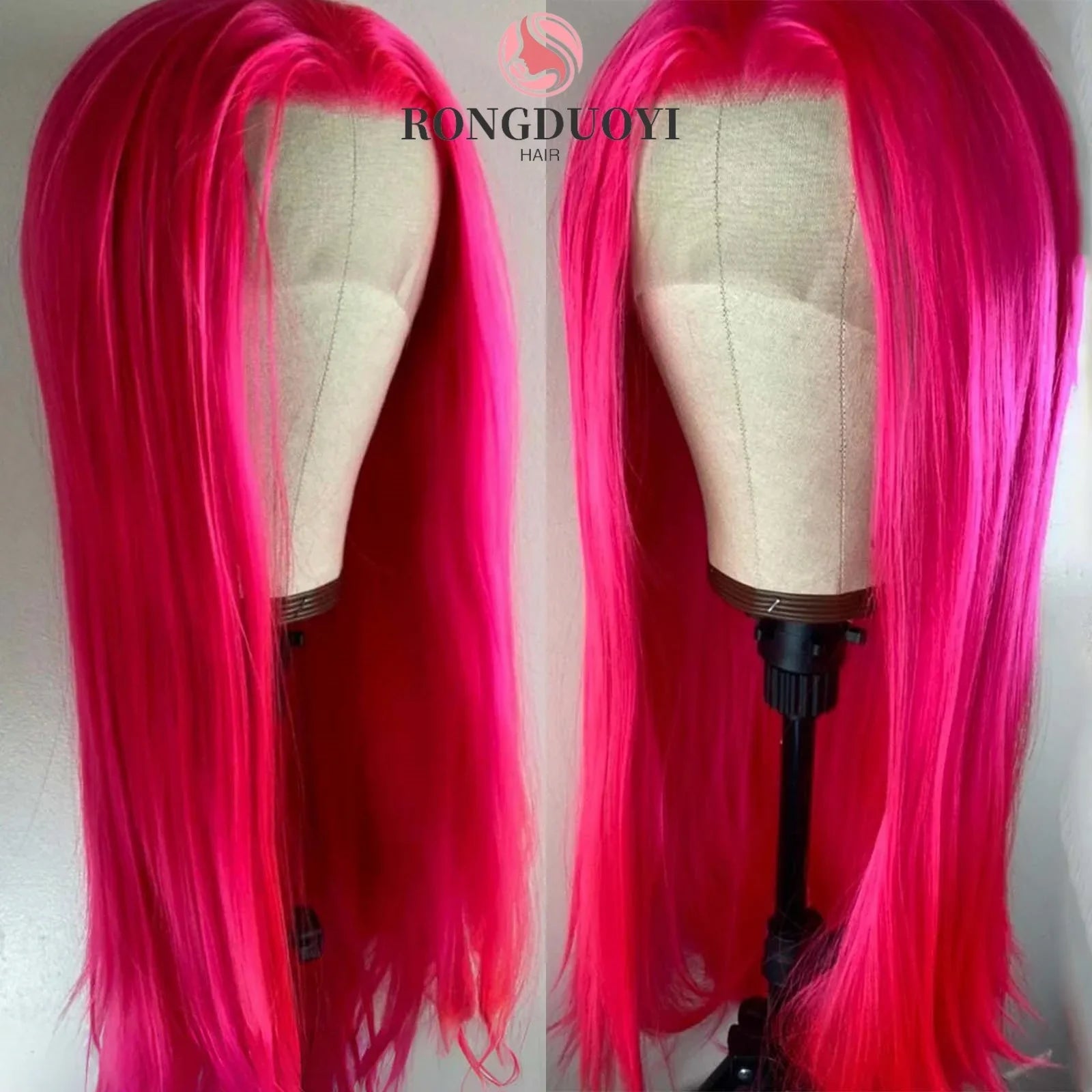 Qfdian 13X4 Hot Pink Wig Long Straight Synthetic Lace Front Wig Natural Rose Red Colored Hair Lace frontal Wigs for Women Party Cosplay