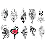 Qfdian  10pcs Waterproof Temporary Tattoo Sticker Cross Snake Wolf Unicorn Rose Moon Body Art Arm Fake Tattoos Sleeve Women Men Hand Leg
