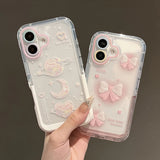 Qfdian Pink Bow Moon Stars Bracket Phone Case For iPhone 16 Pro Max 15 14 13 12 11 Clear Shokcproof Back Cover With Folded Holder Stand