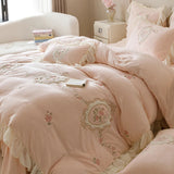 Qfdian 4Pcs Korean Princess Style Bedding Set Rose Flowers Embroidery French Lace Ruffles Milk Velvet Duvet Cover Bed Sheet Pillowcases