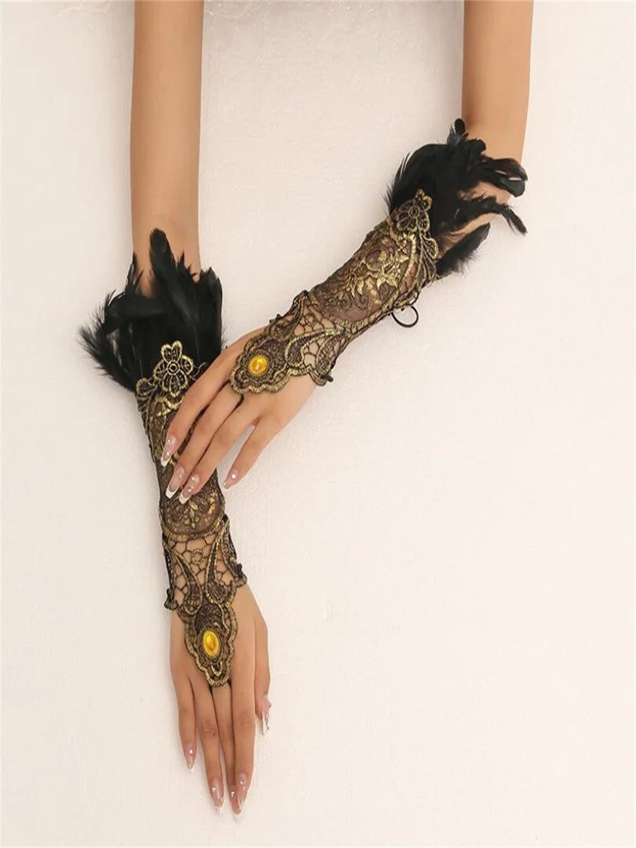 Retro feather banquet bracelet, golden lace arm chain for woman