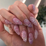 Qfdian  24pcs Press on Fake Nails Set Almond Wearable Simple French Flower False Nail Art Gold Beads Design Diamond Manicure Tips