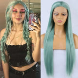 Qfdian Mint Green Wig Long Straight Synthetic Lace Front Wig Light Hair Colored Glueless Lace Frontal Wigs for Women Party Cosplay