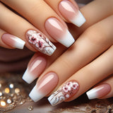 Qfdian 24Pcs Gradient Short Ballet Nails Set with Glue White Simple False Nails Coffin Fake Nail Press on Nails Full Cover Nail Tips