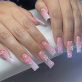 Qfdian 24Pcs French Fake Nails with Glue Long Square False Nails Flower Rhinestone Design Press on Nails Wearable Coffin Nail Tips