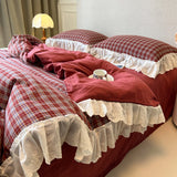 Qfdian  Plaid Bedding Set Vintage Lace Ruffles Duvet Cover Set Flat Sheets Set 2 Pillowcases Single Twin Full Queen Size Bed Set 3/4Pcs