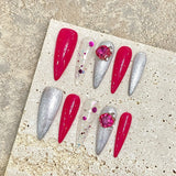 Qfdian 10PCS Handmade Rose Red Almond Fake Nails Diamond Decor Wearable Long Ballet False Nails Shiny Sequin Press On Nail Tips